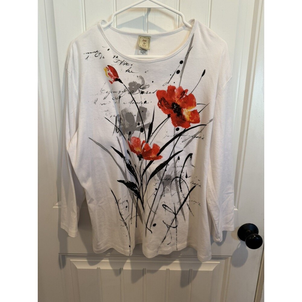 Jess & Jane Poppy Song Top Women 2X White Red Floral 100% Cotton Made USA